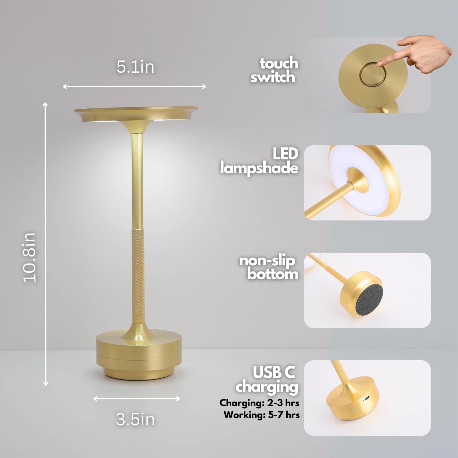 Modern Minimalist Gold LED Table Lamp – Rechargeable Touch Control Light for Home, Office & Restaurants