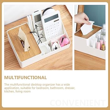 Premium Multi-Compartment Desktop Organizer with Tissue Box and Bamboo Lid