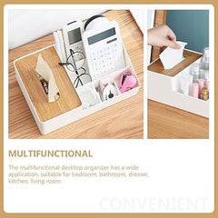 Premium Multi-Compartment Desktop Organizer with Tissue Box and Bamboo Lid