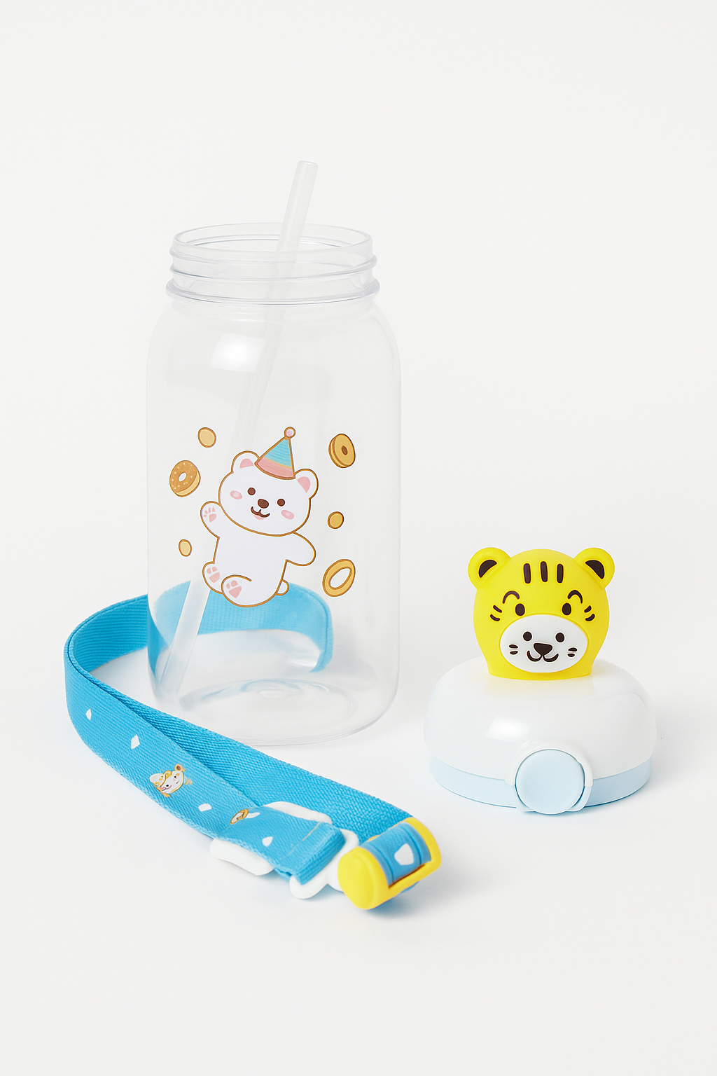 Cute Tiger Kids Straw Bottle with Safety Lock & Adjustable Strap