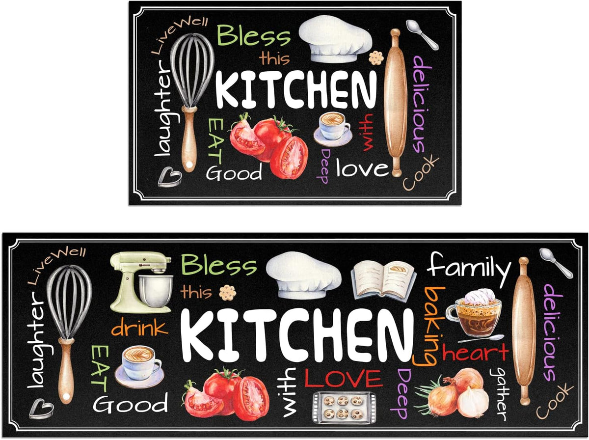 Premium "Bless This Kitchen" Anti-Slip Kitchen Mat Set - Vibrant Design with Comfort Foam  Backing (2-Piece Set)