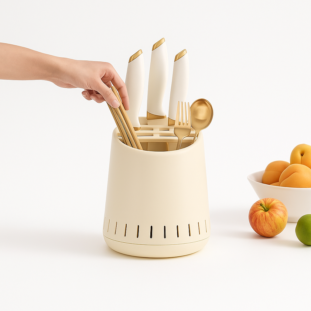 Multi-Functional Cylindrical Knife and Utensil Holder with Drainage