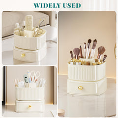 Luxury Rotating Makeup Brush Holder with Drawer Organizer