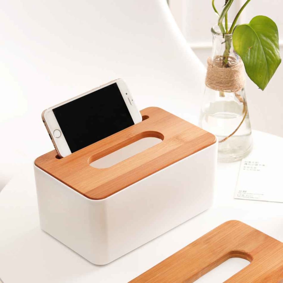 BambooDock™ Multipurpose Tissue Box with Phone Holder – Minimalist Organizer