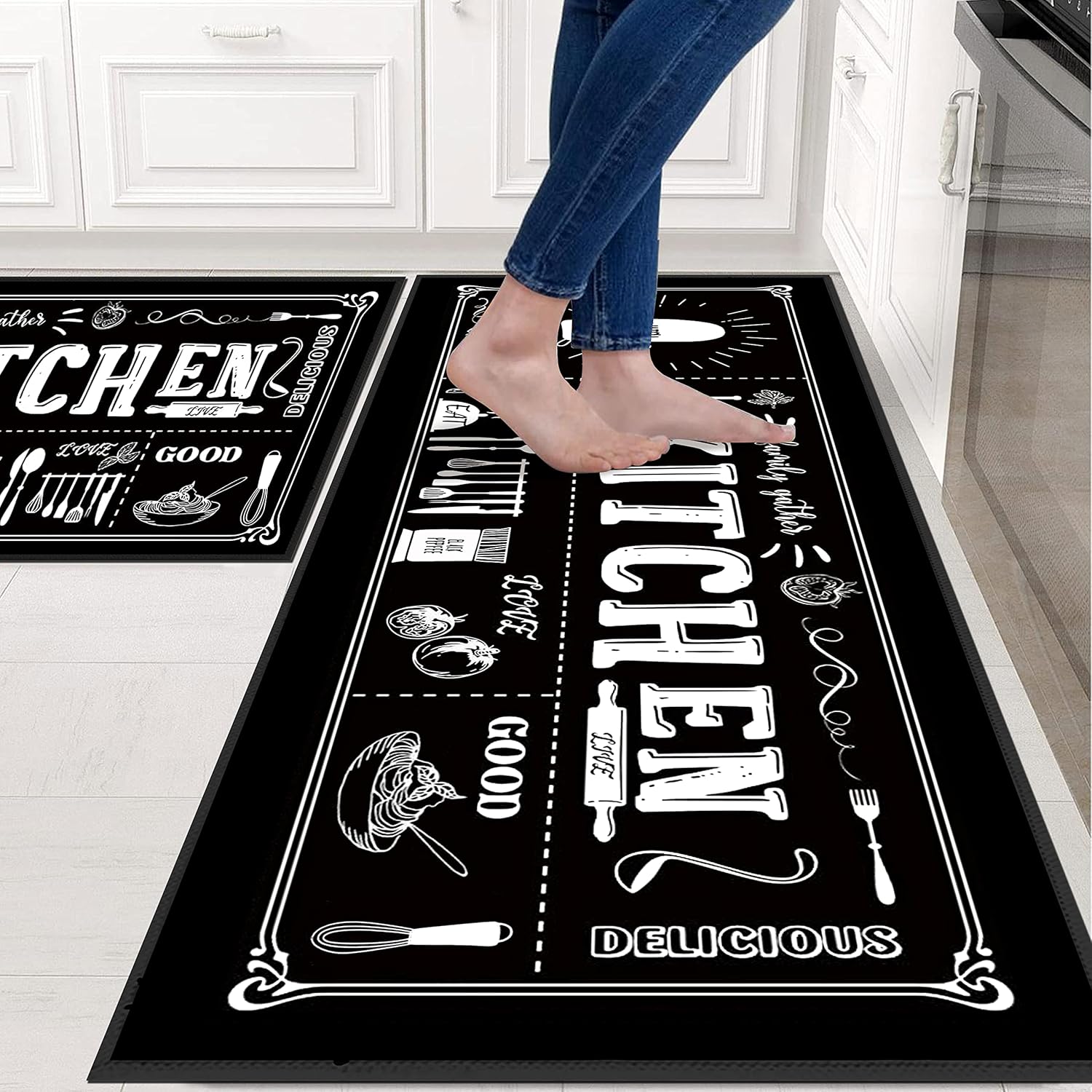 Vintage Chalkboard Style Kitchen Mat Set - 2 Piece Non-Slip Anti-Fatigue Mats for Cooking, Baking