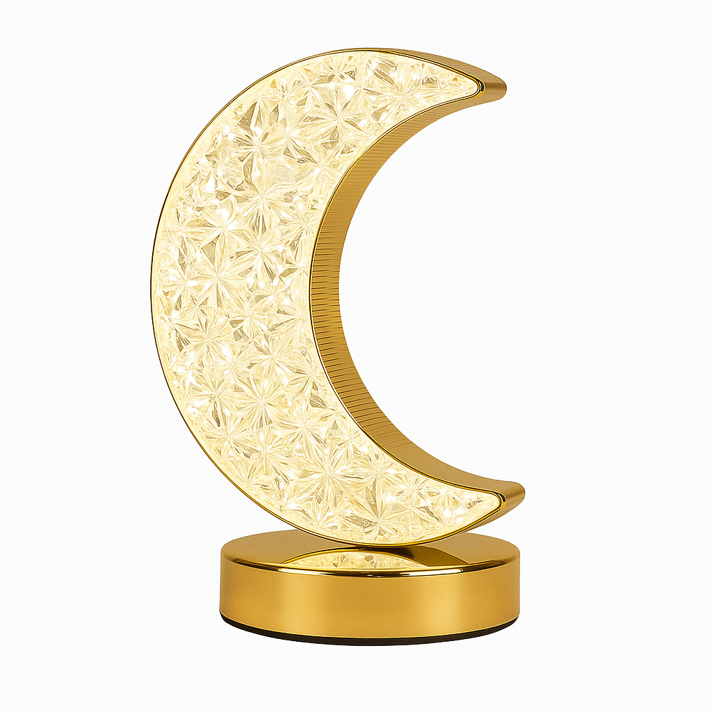 Crystal Crescent Moon LED Lamp – Elegant Gold Base Night Light for Bedroom & Décor