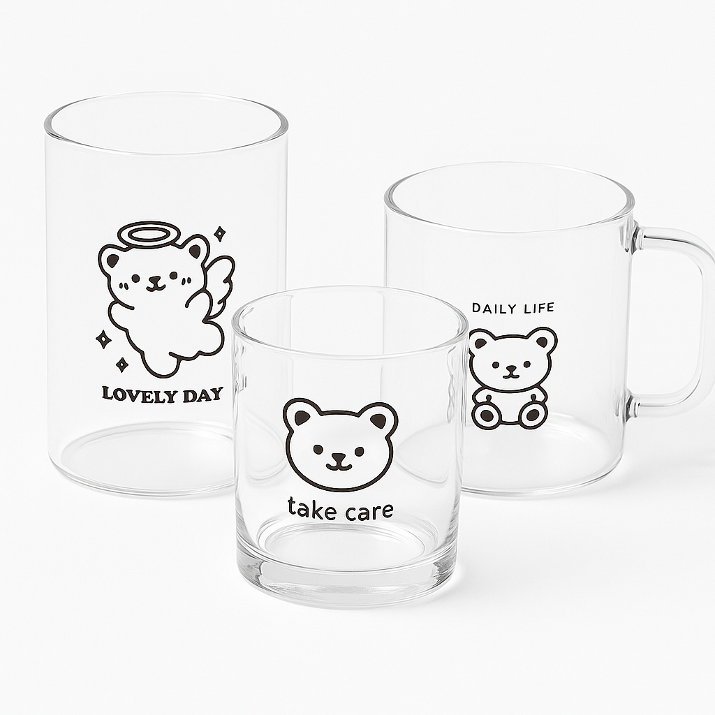 Cute Bear-Themed Transparent Glass Mug Set – Aesthetic Drinkware for Daily Use