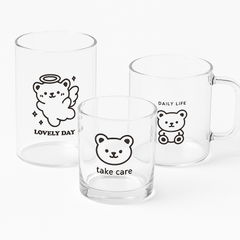 Cute Bear-Themed Transparent Glass Mug Set – Aesthetic Drinkware for Daily Use