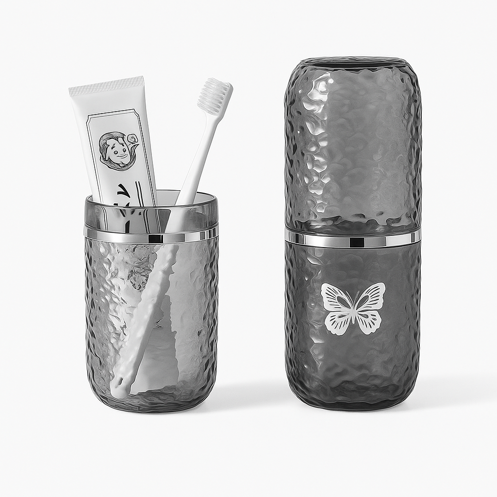 Elegant Travel Toothbrush Cup Set – Textured Dual-Cup Design with Butterfly Emblem