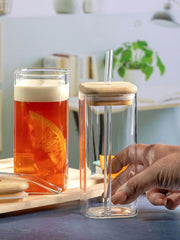 EcoSip™ Glass Tumbler with Bamboo Lid & Straw – Square Minimalist Design