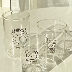 Cute Bear-Themed Transparent Glass Mug Set – Aesthetic Drinkware for Daily Use