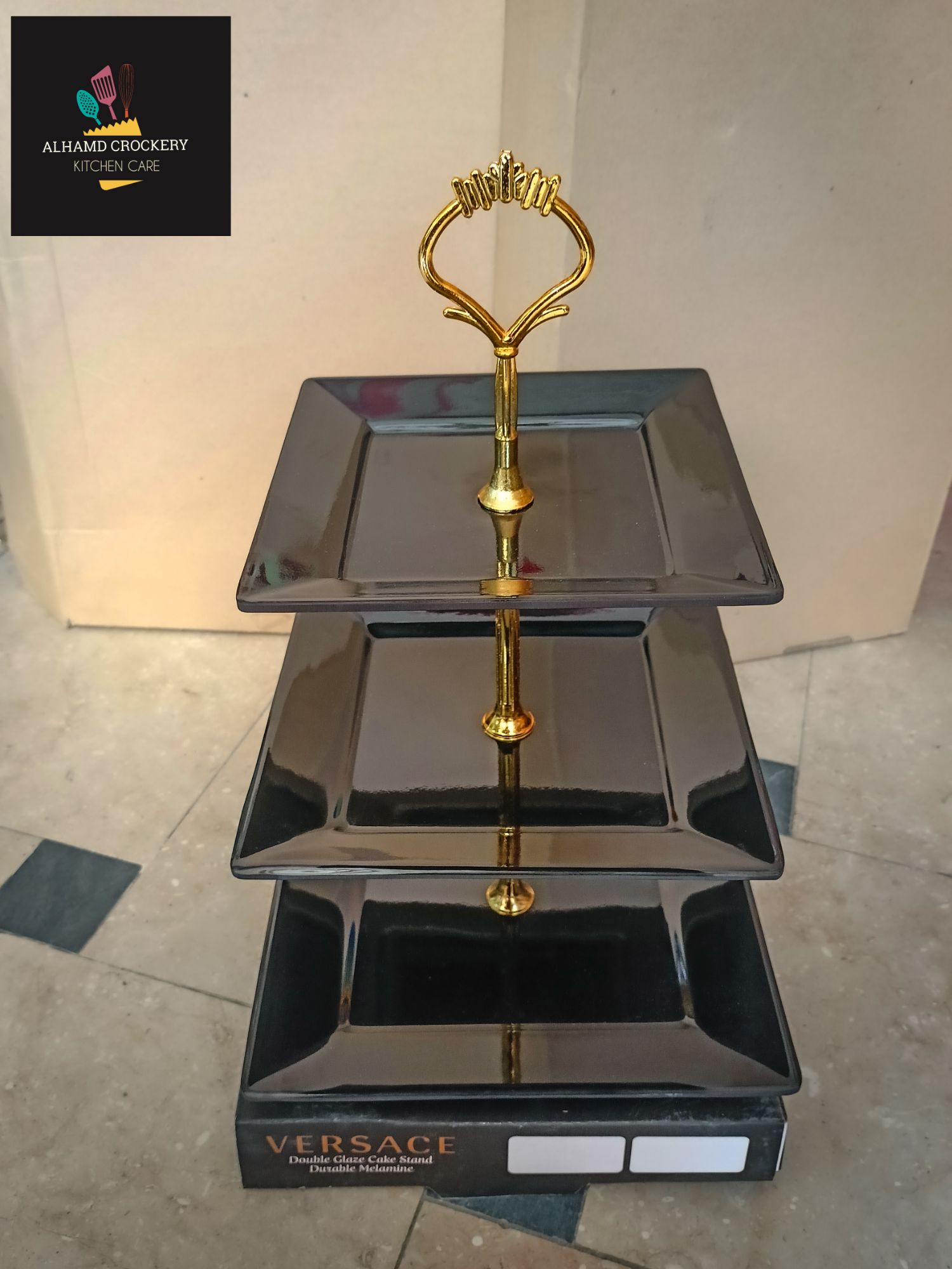 Elegant 3-Tier Rectangular Dessert Stand – Black Ceramic with Gold Trim for High Tea, Parties & Display