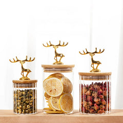 Royal Antler Glass Jar Set – Decorative Storage Canisters with Wooden Lids & Golden Deer Handles