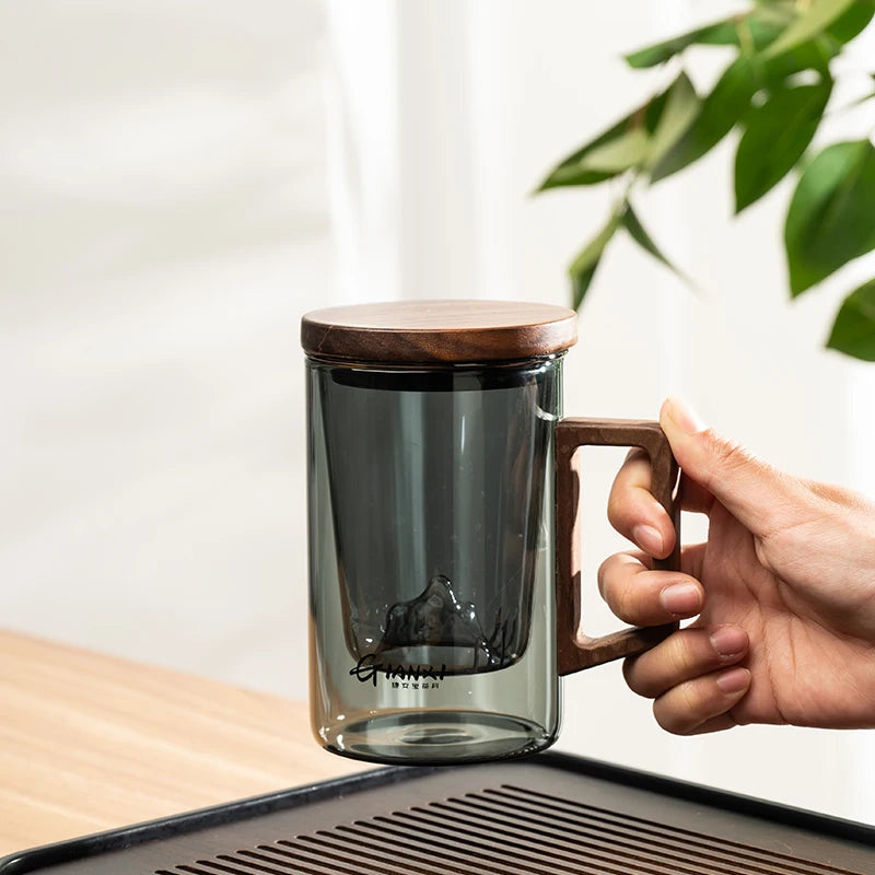 Nordic Eclipse™ Matte Smoke Glass Mug with Walnut Wood Lid & Handle