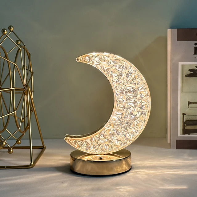 Crystal Crescent Moon LED Lamp – Elegant Gold Base Night Light for Bedroom & Décor