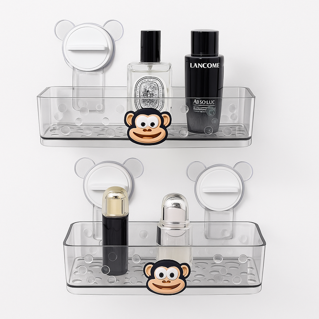 Transparent Wall-Mounted Bathroom Shelves with Cute Monkey Design – Suction Cup Organizer Set