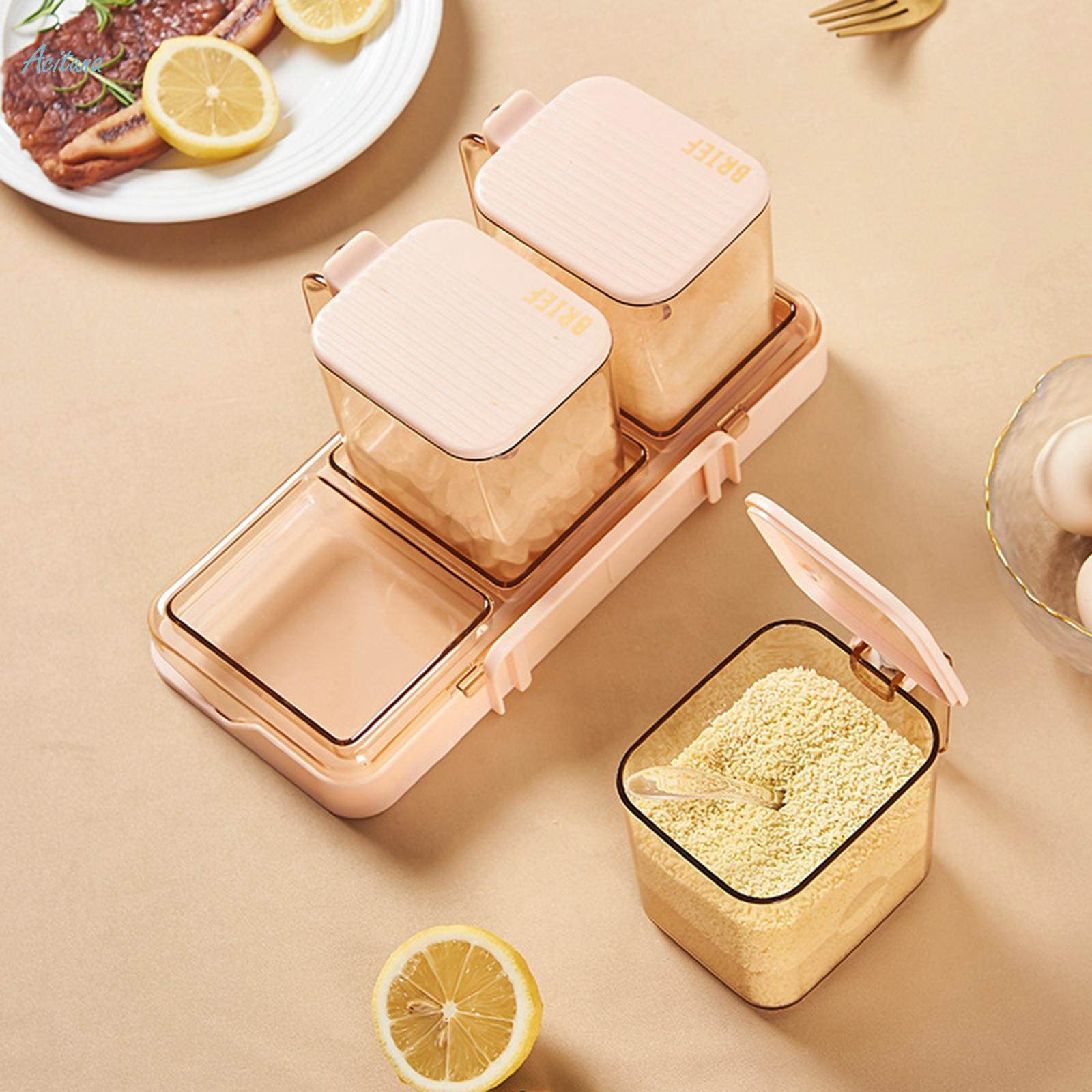 Elegant Rose Gold Spice Jar Set – 3-Piece Kitchen Storage with Tray & Spoons