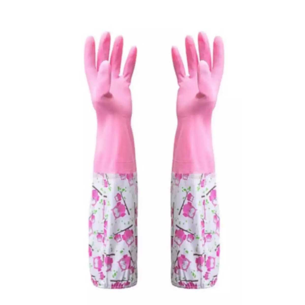Floral Waterproof Rubber Cleaning Gloves with Cotton Lining – Long Sleeve Non-Slip Dishwashing Gloves