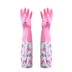 Floral Waterproof Rubber Cleaning Gloves with Cotton Lining – Long Sleeve Non-Slip Dishwashing Gloves