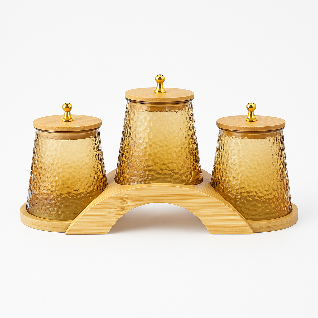 AmberNest™ 3-Piece Textured Glass Jar Set with Wooden Tray & Lids