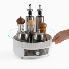 360° Rotating Spice Organizer Tray with Drawer – All-in-One Kitchen Condiment Station