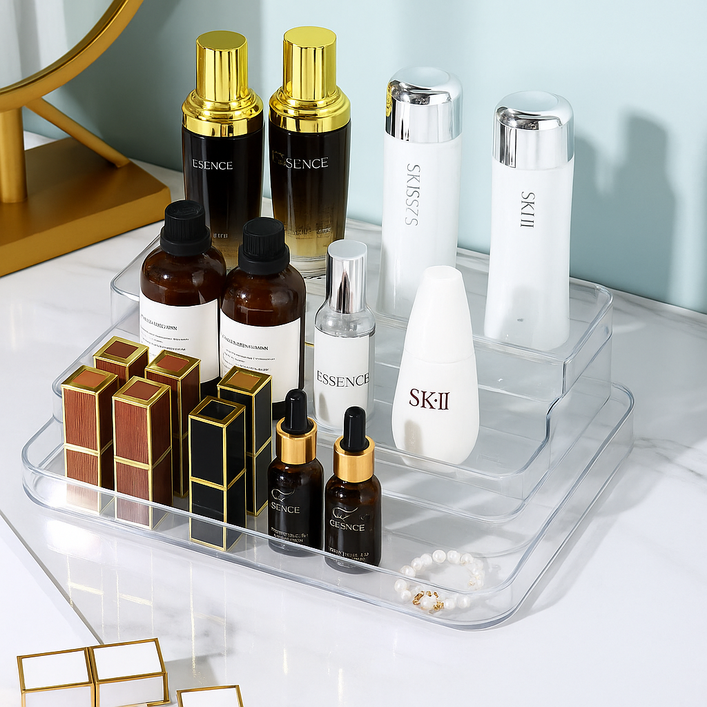 Luxury 3-Tier Acrylic Perfume and Skincare Organizer – Clear Display Shelf for Vanity & Countertops
