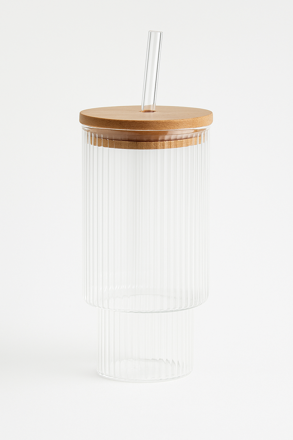 SunSip™ Ribbed Glass Juice Tumbler with Wooden Lid & Straw – 500ml