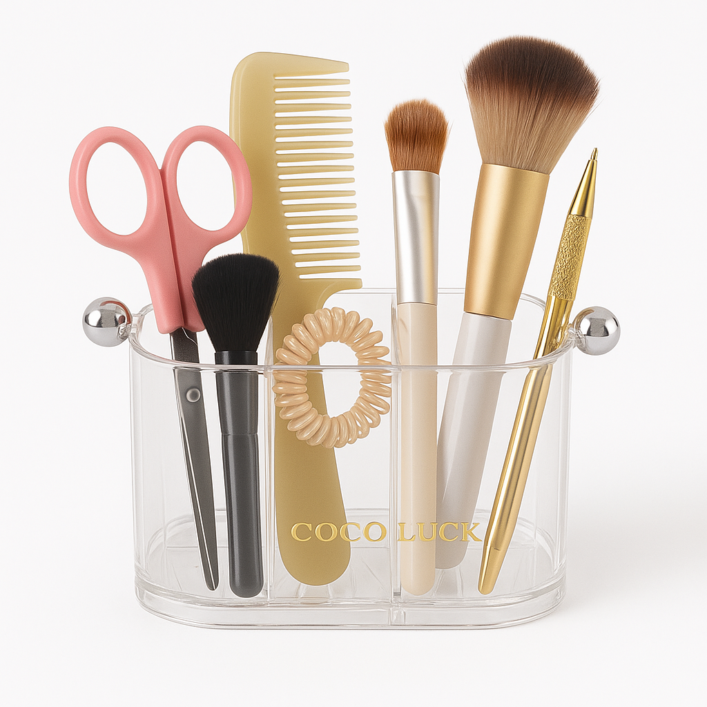 COCO LUCK Transparent Acrylic Storage Organizer – 3-Compartment Holder with Chrome Side Handles