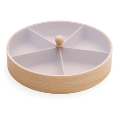 EcoWood 6-Section Round Dry Fruit Organizer – Wooden Finish Snack Box with Transparent Lid