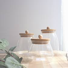 450ml Curved Glass Storage Jar with Wooden Lid & Knob – Airtight Small Container