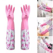 Floral Waterproof Rubber Cleaning Gloves with Cotton Lining – Long Sleeve Non-Slip Dishwashing Gloves