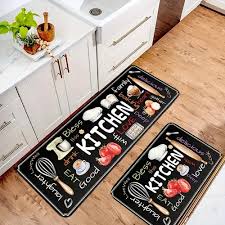 Colorful Kitchen Mat Set - 2 Piece Non-Slip Anti-Fatigue Floor Mats with Fun Cooking Quotes & Utensil Graphics