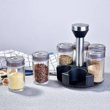 360° Rotating Spice Rack Set – 8-Piece Glass Jar Organizer with Stainless Steel Stand