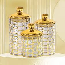 imperial Luxe™ 3-Piece Glass Storage Jar Set with Embossed Design & Golden Lids