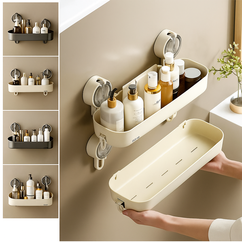 No-Drill Wall-Mounted Bathroom Storage Rack – Dual Suction Organizer for Toiletries & Cosmetics