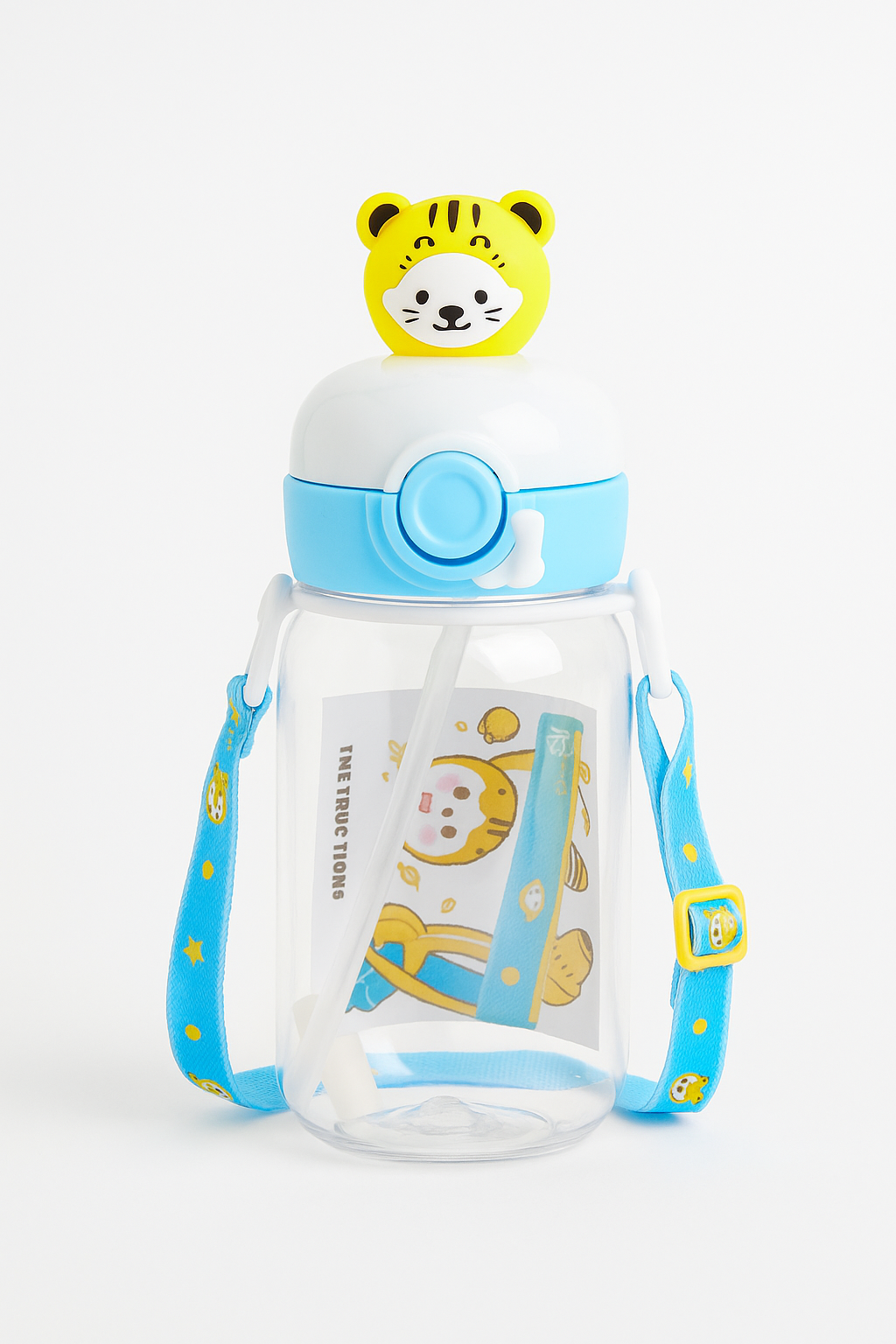 Cute Tiger Kids Straw Bottle with Safety Lock & Adjustable Strap