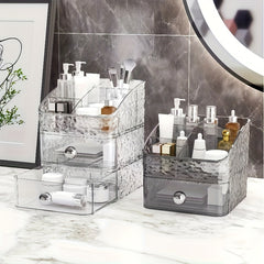Premium Textured Acrylic Cosmetic Organizer with Drawers – Multi-Tier Vanity Storage Box