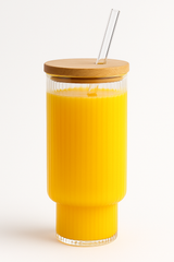 SunSip™ Ribbed Glass Juice Tumbler with Wooden Lid & Straw – 500ml
