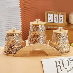 AmberNest™ 3-Piece Textured Glass Jar Set with Wooden Tray & Lids