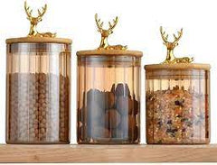 Royal Antler Glass Jar Set – Decorative Storage Canisters with Wooden Lids & Golden Deer Handles