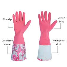 Floral Waterproof Rubber Cleaning Gloves with Cotton Lining – Long Sleeve Non-Slip Dishwashing Gloves