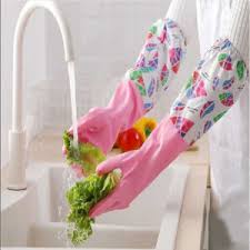 Floral Waterproof Rubber Cleaning Gloves with Cotton Lining – Long Sleeve Non-Slip Dishwashing Gloves