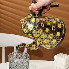 Regal SunKraft™ Hand-Painted Decorative Kettle – Yellow Mosaic Floral with Gold Top