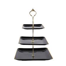 Elegant 3-Tier Rectangular Dessert Stand – Black Ceramic with Gold Trim for High Tea, Parties & Display