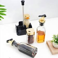 RoyalMarble™ Oil & Vinegar Dispenser Set with Golden Pump and Caddy – 4-in-1 Luxury Kitchen Organizer