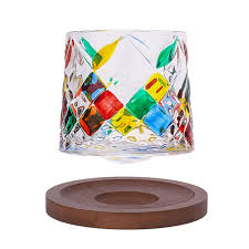 Luxury Crystal Cut Multicolor Whiskey Glass with Wooden Coaster