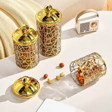 imperial Luxe™ 3-Piece Glass Storage Jar Set with Embossed Design & Golden Lids