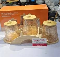 AmberNest™ 3-Piece Textured Glass Jar Set with Wooden Tray & Lids