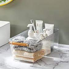 Elegant Ribbed Acrylic Storage Baskets with Gold Handles –Organizers for Bathroom, Vanity & Closet