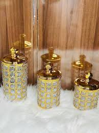 Crystal Royalty™ Decorative Glass Jar Set – 3-Piece Gold-Plated Storage with Gemstone Accents